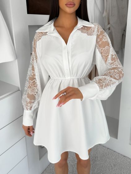 Bílé košilové šaty VYLORIUM s krajkovými rukávy (Veľkosť ONESIZE)