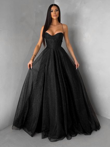 Čierne plesové dlhé trblietavé šaty ZANTHEA s korzetom (Veľkosť L)
