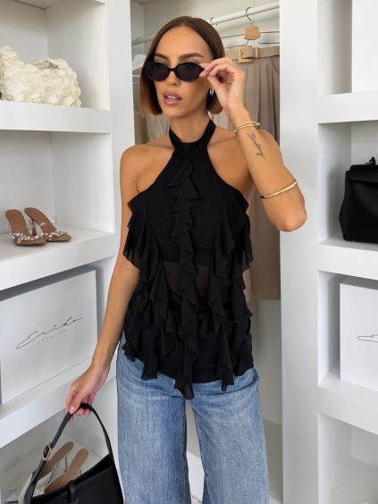 Čierny volánikový top BRÚDENÝ (Veľkosť M/L)