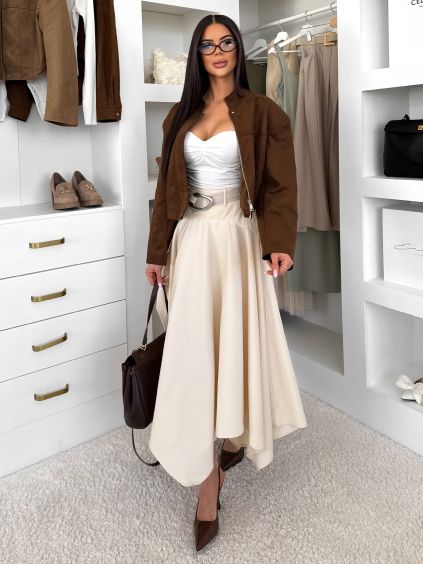 Krémová elegantní dlouhá midi sukně MONTESSA s páskem (Veľkosť L)