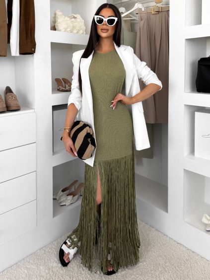 Olivové dlhé šaty CYLARA so strapcami (Veľkosť M/L)