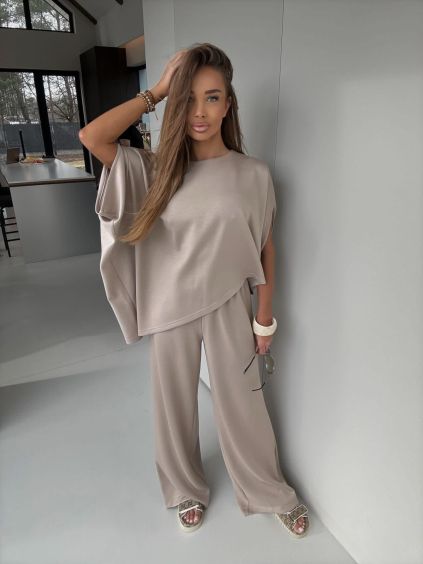 Béžový nohavicový luxusný elegantný komplet ECRIA (Veľkosť ONESIZE)