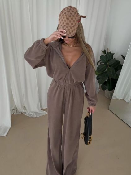 Hnedý dlhý luxusný overal VYXEN s kapucňou (Veľkosť ONESIZE)