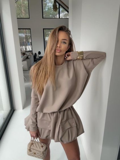 Hnedý teplákový štýlový komplet TAUPE so sukňou (Veľkosť ONESIZE)