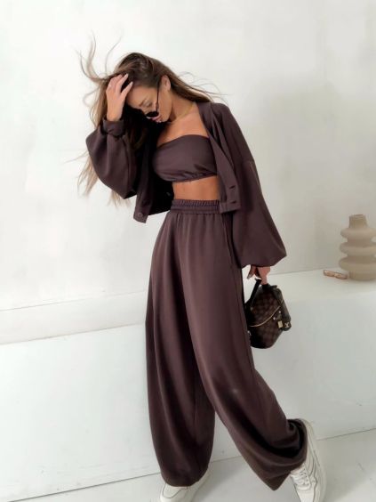 Tmavě hnědý mikinový stylový dlouhý komplet COMFRA (Veľkosť ONESIZE)