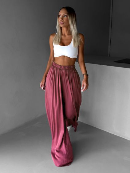 Malinové široké voľné dlhé nohavice OLVIRA (Veľkosť Predĺžená dĺžka)