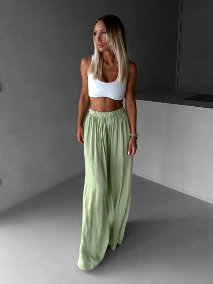 Svetlo zelené široké voľné dlhé nohavice OLVIRA (Veľkosť Predĺžená dĺžka)