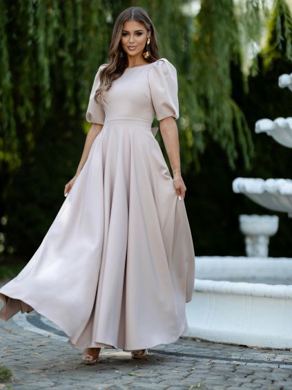 Béžové elegantní společenské dlouhé šaty AVELIRA (Veľkosť L)