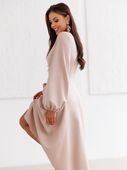 Béžové elegantní společenské midi šaty MARAYA (Veľkosť L)