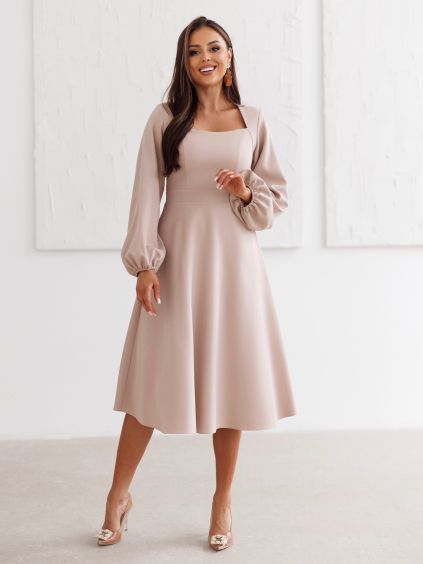 Béžové elegantní společenské midi šaty MARAYA (Veľkosť L)