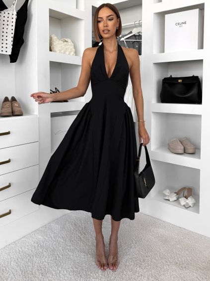 Černé společenské vypasované tvarující áčkové midi šaty VORTA (Veľkosť ONESIZE)