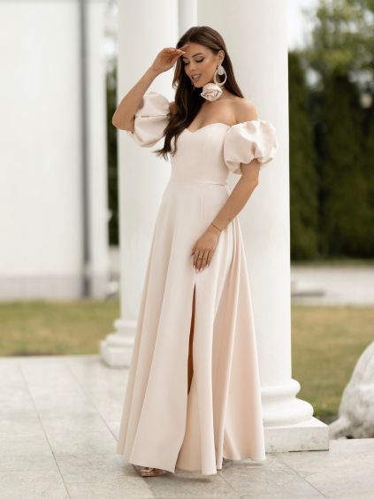 Krémové elegantní luxusní dlouhé šaty LAVIRA s rukávky (Veľkosť L)