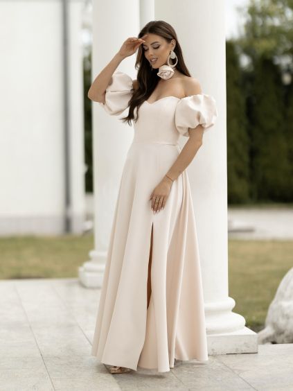 Krémové elegantné luxusné dlhé šaty LAVIRA s rukávmi (Veľkosť L)