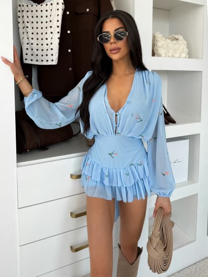 Světle modré krátké šifonové květované šaty LIREA s kraťásky (Veľkosť ONESIZE)