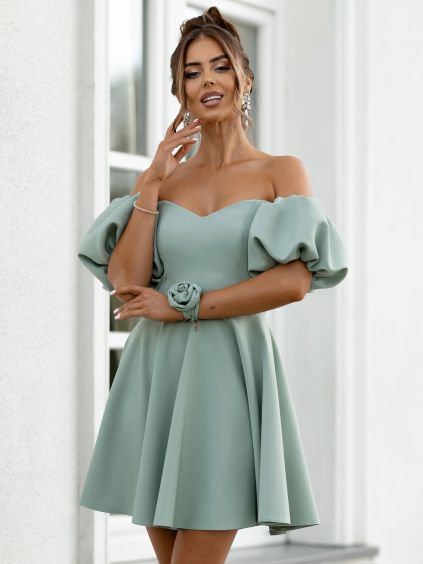 Mintové elegantné mini šaty SELEYA s rukávmi (Veľkosť L)