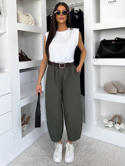 Khaki balónové široké stylové kalhoty WESTA s páskem (Veľkosť ONESIZE)