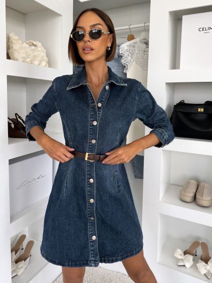 Modré džínové krátké denim šaty CRYSTAL s dlouhým rukávem (Veľkosť L)