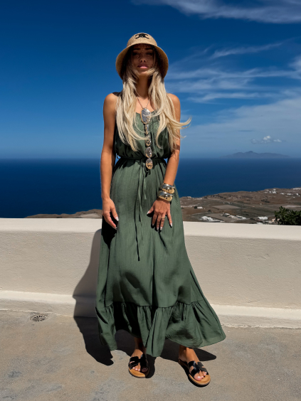Khaki lehké dlouhé letní maxi šaty DREVON (Veľkosť ONESIZE)