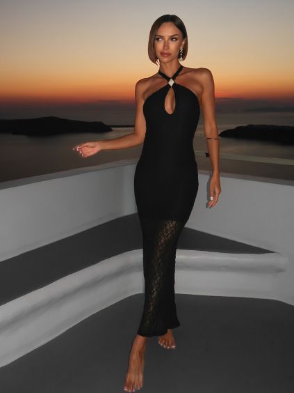 Černé elegantní krajkové letní dlouhé šaty MALLONE (Veľkosť M/L)