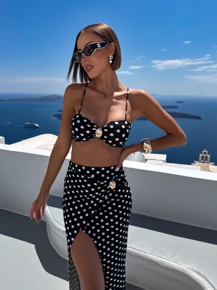 Černý elegantní puntikatý letní plážový komplet POSTANE se sukní (Veľkosť M/L)