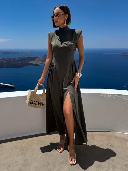 Khaki elegantní dlouhé midi šaty ALSERA (Veľkosť ONESIZE)