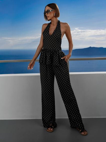 Černý elegantní kalhotový kostýmek VERAYA s puntíky (Veľkosť ONESIZE)