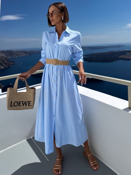 Modré elegantné letné košeľové šaty ELYARA s opaskom (Veľkosť L)