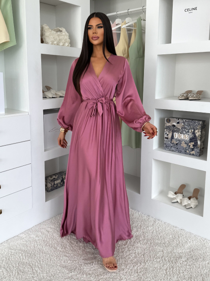 Malinové saténové elegantní šaty WOMAN s dlouhým rukávem (Veľkosť ONESIZE)
