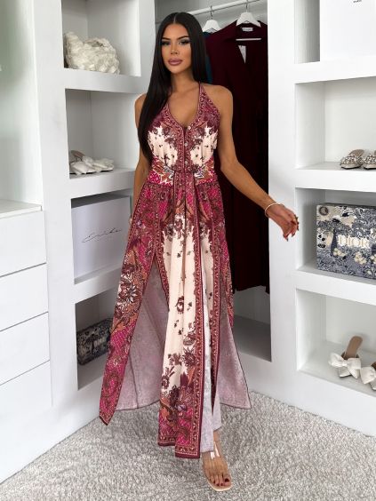Růžové dlouhé letní boho maxi šaty CELATIA (Veľkosť ONESIZE)
