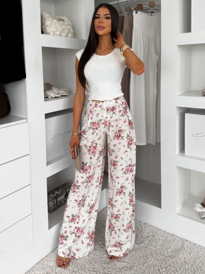 Biele kvetinové letné elegantné nohavice FOUKALA (Veľkosť L/XL)