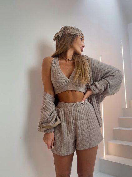 Hnědý vlněný letní elegantní třídílný komplet ITALIAN (Veľkosť ONESIZE)