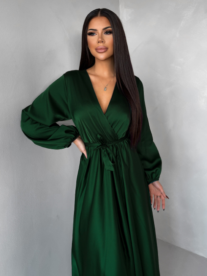 Tmavě zelené elegantní šaty WOMAN s dlouhým rukávem (Veľkosť ONESIZE)