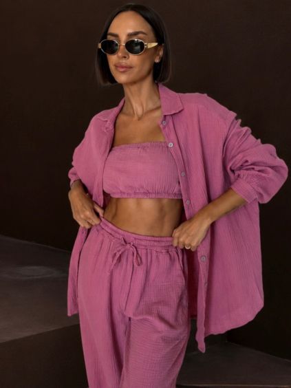 Malinový mušelínový crop letný top BALEEN pás cez prsia (Veľkosť ONESIZE)