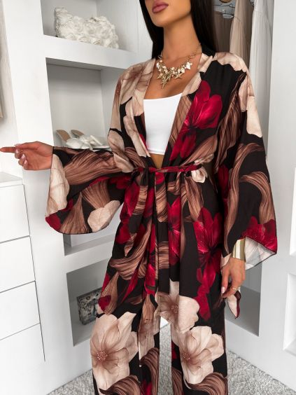 Černý květovaný zavazovací dlouhý cardigan PORTYS (Veľkosť ONESIZE)