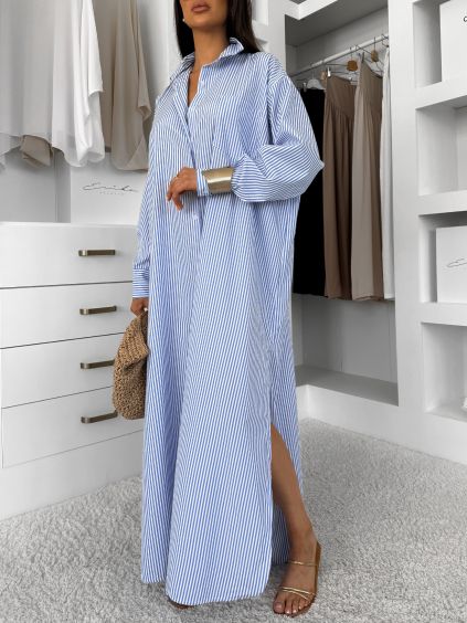 Modré pruhované dlouhé basic oversized bavlněné košilové šaty FLARETA (Veľkosť ONESIZE)