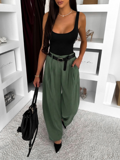 Khaki široké elegantní kalhoty TOURALA s vysokým pasem (Veľkosť ONESIZE)