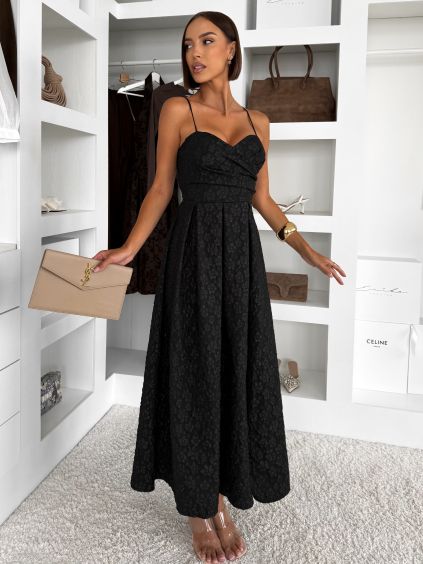 Čierne vypasované elegantné midi šaty PETALUNA (Veľkosť ONESIZE)