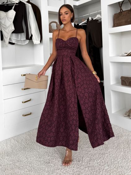 Vínové elegantné vypasované spoločenské midi šaty PETALUNA (Veľkosť ONESIZE)