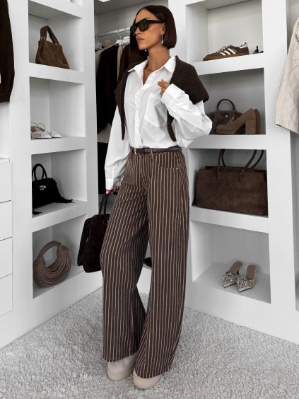 Hnedé pruhované široké wide leg džínsy CHROCHOT (Veľkosť L)