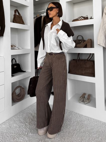Hnědé pruhované široké wide leg džíny CHROCHOT (Veľkosť L)