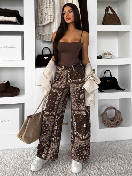 Hnědé trendy široké wide leg džíny POPPYA (Veľkosť L)