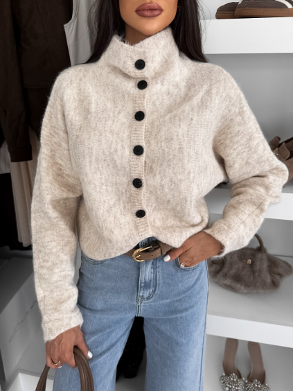 Béžový elegantný pohodlný oversized sveter KORAVIA na gombíky (Veľkosť ONESIZE)