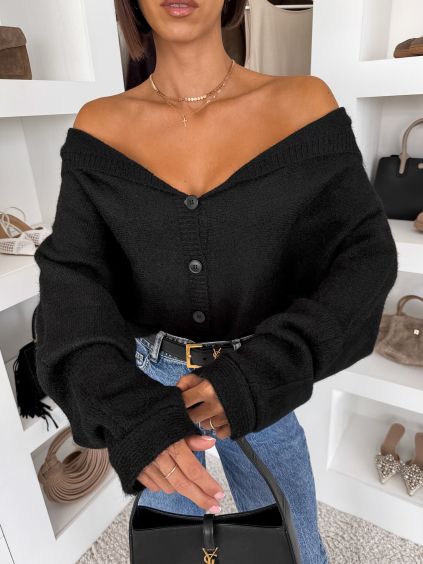 Černý elegantní oversize svetr KORAVIA na knoflíky (Veľkosť ONESIZE)