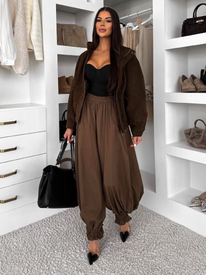 Hnědé široké extra wide široké kalhoty BLUSHA na gumu (Veľkosť M/L)