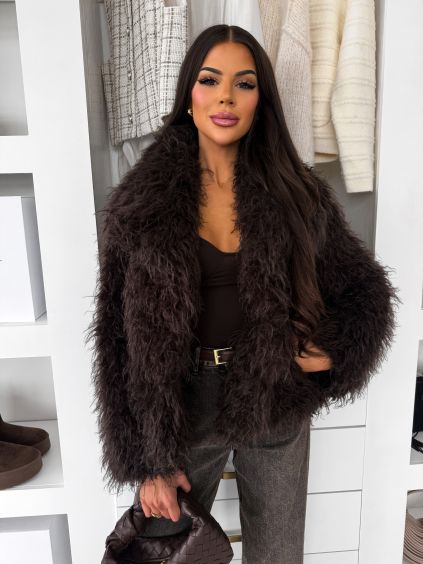 Hnědý faux fur kožešinový kabátek MELANIO (Veľkosť M/L)