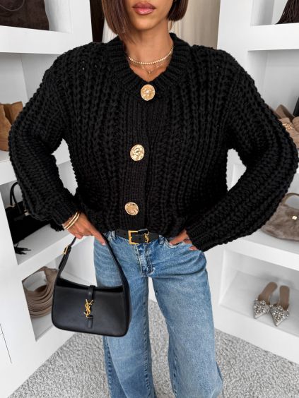 Černý oversize luxusní svetr PIMORI na knoflíky (Veľkosť ONESIZE)