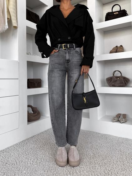 Šedé mom fit široké basic džíny SELORIA (Veľkosť L)