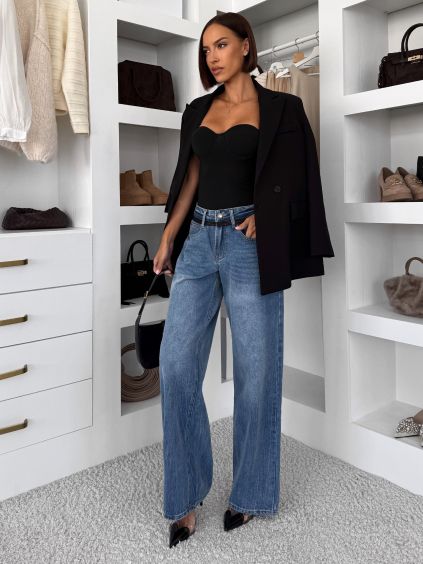Modré wide leg trendy extra dlouhé široké džíny ASTERIA (Veľkosť L)