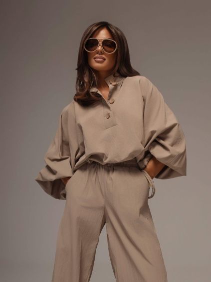 Béžová šusťáková stylová tepláková souprava CIRELIA (Veľkosť ONESIZE)