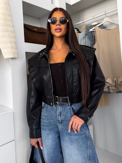 Černá stylová biker koženková bunda FARENZA (Veľkosť M/L)